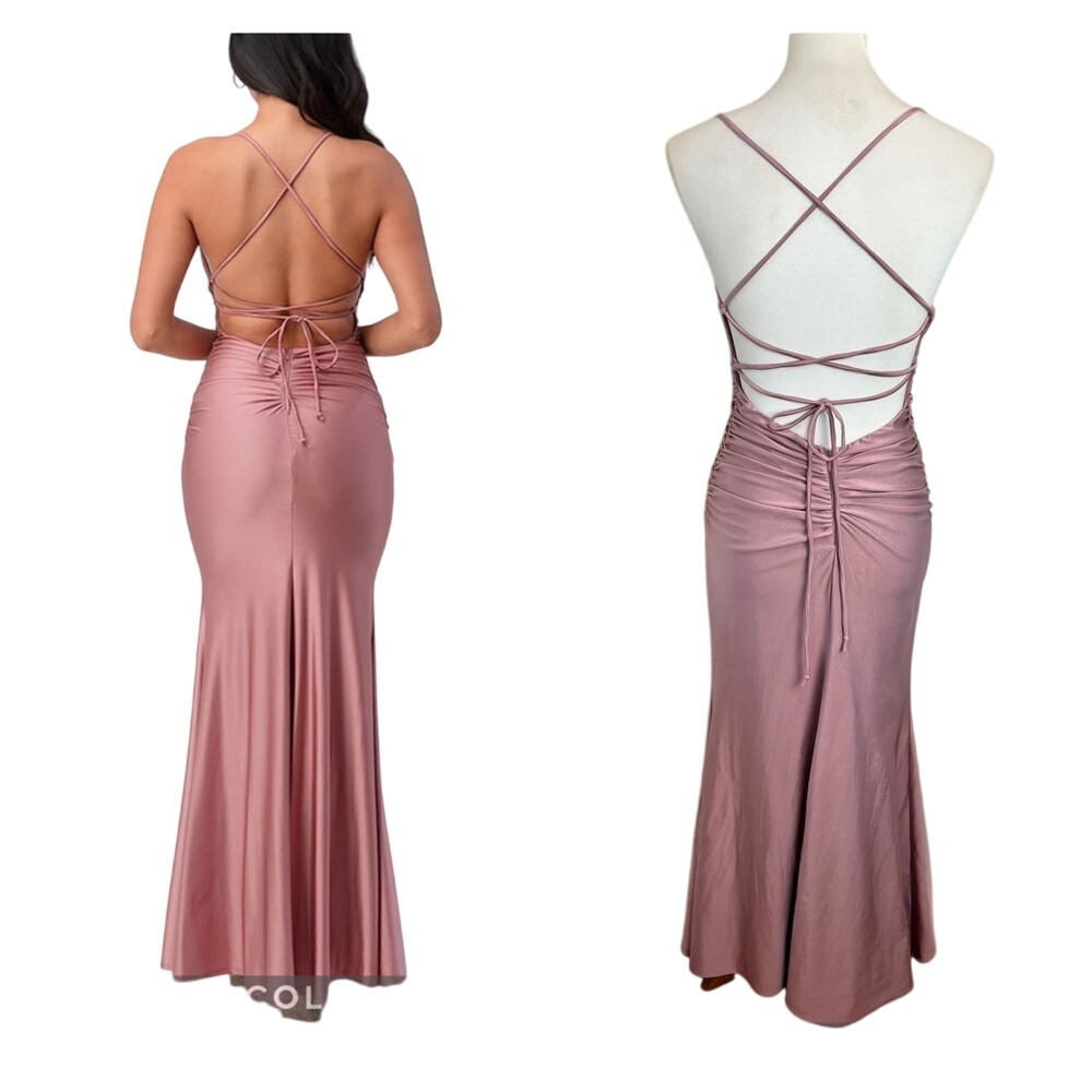 La Scala Blush Pink Satin Formal Gown, Criss-Cross Open Back, Fits Medium